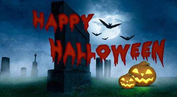 Cartão Feliz Halloween Saudação Com Abóboras Cemitério — Fotografia de Stock