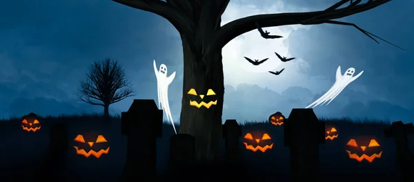 Espeluznante Fondo Halloween Con Calabazas Fantasmas Cementerio — Foto de Stock