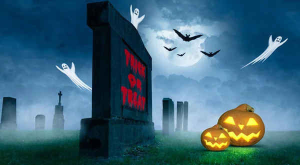 Halloween Assustador Com Truque Texto Tratar Uma Lápide — Fotografia de Stock