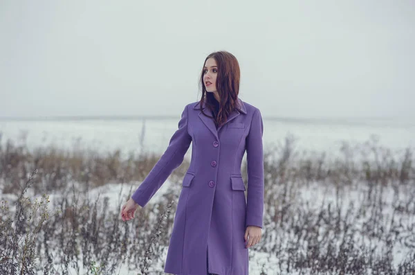 Fashionable smiling woman in violet coat walking outside in the winter time. Copy space for text. Fine art