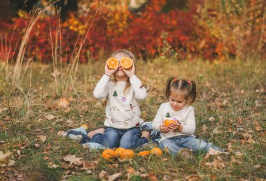 İki küçük mutlu kız kardeş ekose üzerinde oturuyor ve sonbahar parkında portakal meyveleriyle oynuyorlar. Sonbahar geçmişi, aile kavramı, neşeli çocuklar.