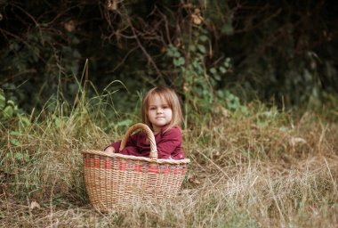 Yazın kırsal kesimde hasır sepette oturan sevimli küçük bir kızın portresi, retro tarzı. Doğa geçmişi, çocukluk, kartpostal