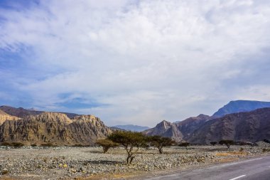 Jebel Jais dağ ısmarlayarak ağaçlar dağ zirveleri ve soluk mavi gökyüzü