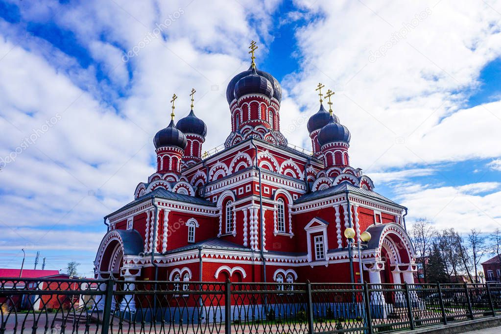 Barysaw Holy Resurrection Cathedral Side View with Picturesque White Clouds Background