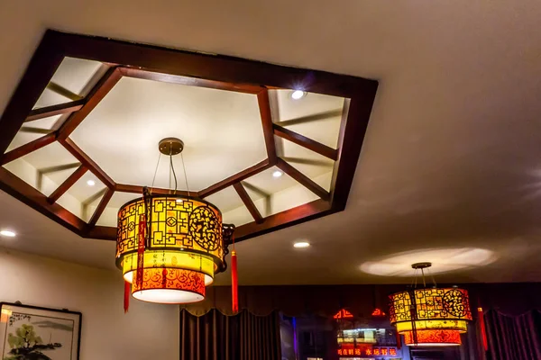 Traditional Chinese Letters Ornaments Lantern Lamps with Lights on Ceiling. Translation: 
