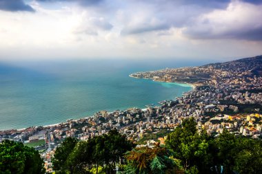 Lübnan Marian Shrine hac sitesi Jounieh peyzaj gün batımında Harissa Our Lady