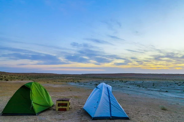 Darvaza Gas Crater Pit Breathtaking Two Tents at Sunrise