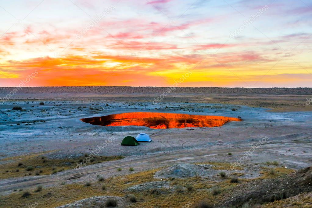 Darvaza Gas Crater Pit Breathtaking Two Tents at Sunrise