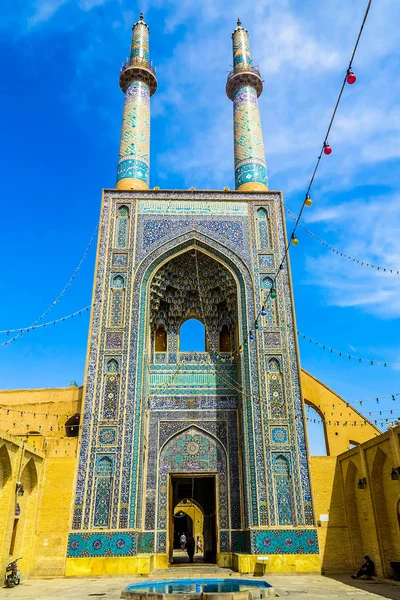 Mezquita Yazd Masjid Jameh Entrada Principal Iwan Con Minarete Más — Foto de Stock