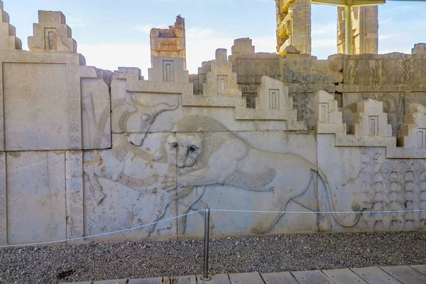 Persepolis Historisk Plats Vägg Carving Ett Lejon Och Bull Bekämpa — Stockfoto