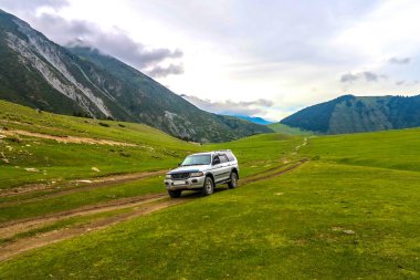 Grigorievka Gorge Kungei Ala ile Kırgızistan'da dağ aralığı orman araba yolu izlemek Jeep