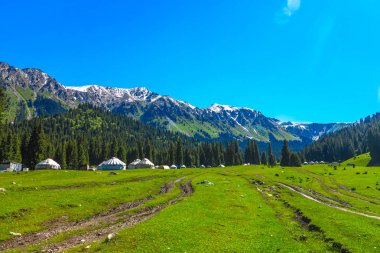 Karakol Gorge Resort manzara kar ile şapkalı Terskey Ala çok dağ Yurt kampı
