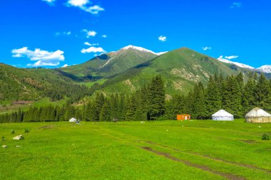 Karakol Gorge Resort manzara kar ile şapkalı Terskey Ala çok dağ Yurt kampı