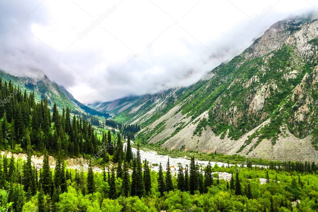 Ala Archa Alpine National Park Landscape near Bishkek with Tian Shan Mountain Range Forest River Fog