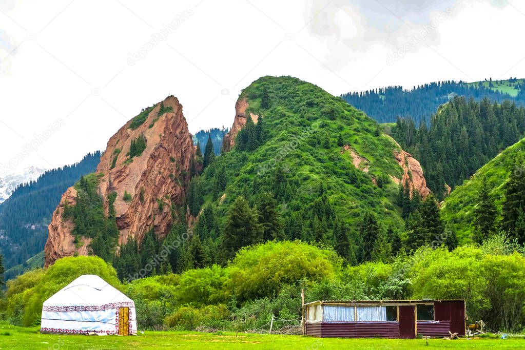 Jeti Oguz Resort Landscape with Broken Heart Rock Terskey Ala Too Mountain Range Yurt Camp