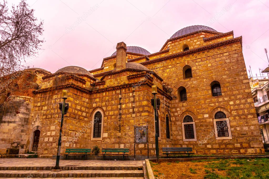 Thessaloniki Alaca Imaret Mosque Side Viewpoint with Cloudy Sky Background at Wintertime