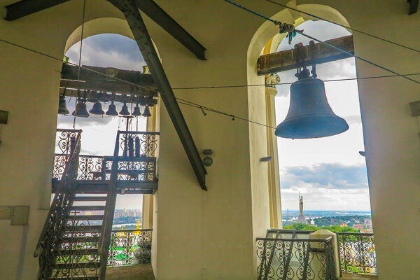 Kiev Pechersk Great Lavra Complex Bell Tower with View of Motherland Monument Statue at Background