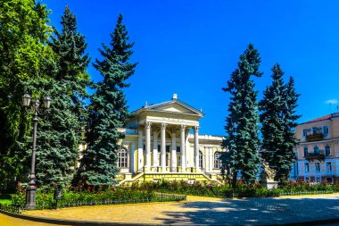 Odessa Arkeoloji Müzesi yan görünüm açık mavi gökyüzü arka plan ile ağaçları arasında