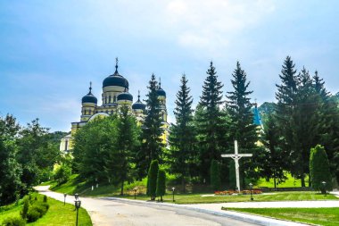 Wolverine Hancu Manastırı manzaralı beyaz çapraz ve katedral kilise kapsayan ağaçlar