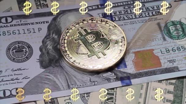 Moneta Virtuale Criptovaluta Moneta Oro Bitcoin Sull Unione Europea Banconote — Video Stock