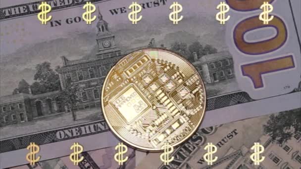 Dinero Criptomoneda Virtual Bitcoin Moneda Oro Unión Europea Billetes Euro — Vídeo de stock