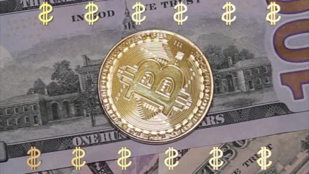 Cryptocurrency 金欧州連合 ユーロ 紙幣にビットコイン ゴールデン コイン — ストック動画