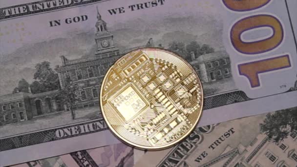 Virtuella Kryptovaluta Pengar Bitcoin Gyllene Mynt Europeiska Unionen Euro Eurosedlar — Stockvideo