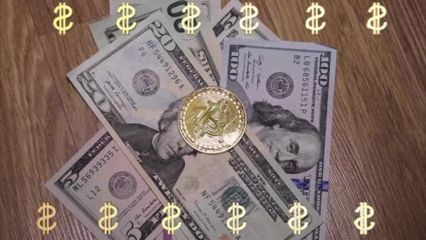 Dinero Criptomoneda Virtual Bitcoin Moneda Oro Unión Europea Billetes Euro — Vídeo de stock