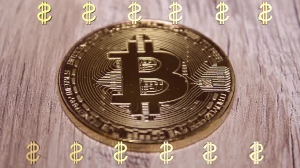 Virtuální Kryptoměn Peníze Bitcoin Zlaté Mince Evropské Unie Euro Bankovek — Stock video