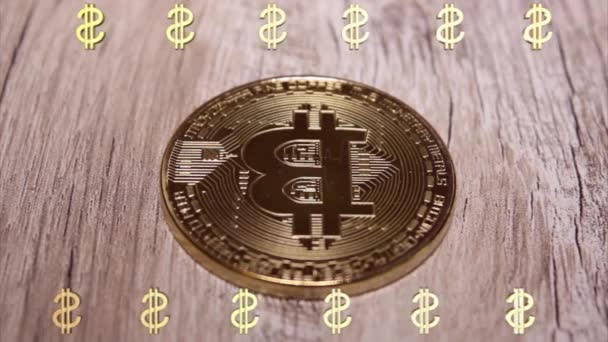 Kryptowaluta Wirtualnych Pieniędzy Bitcoin Złote Monety Banknoty Euro Unii Europejskiej — Wideo stockowe