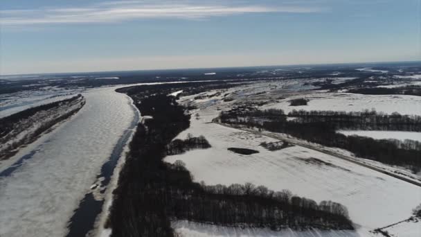 Quadcopter Shooting Early Spring River — Stock Video