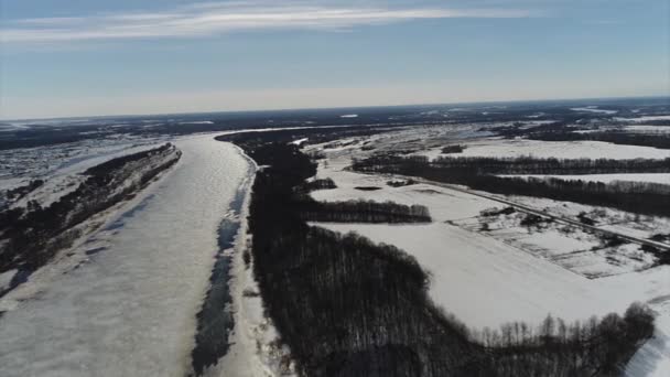 Quadcopter Shooting Early Spring River — Stock Video