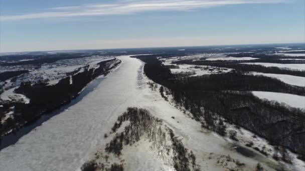 Quadcopter Shooting Early Spring River — Stock Video