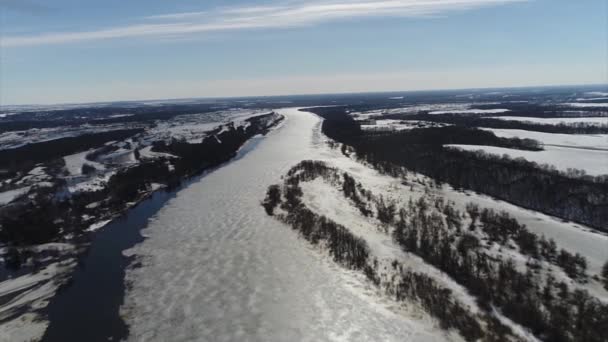 Quadcopter Shooting Early Spring River — Stock Video