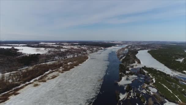 Quadcopter Shooting Early Spring River — Stock Video