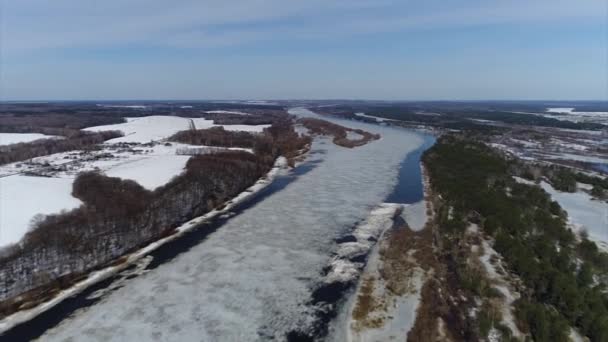 Quadcopter Shooting Early Spring River — Stock Video