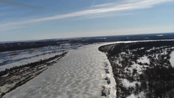 Quadcopter Shooting Early Spring River — Stock Video