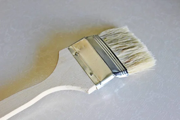 Pincel de pintura com uma alça de madeira localizada em um fundo branco — Fotografia de Stock