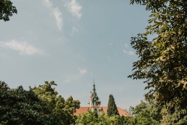 Açık gökyüzü altında yeşil ağaçlar ile kale çatısı