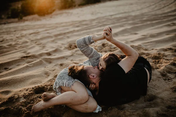 Happy Couple Love Spend Good Time Beach Enjoy Each Other — Stock Photo, Image