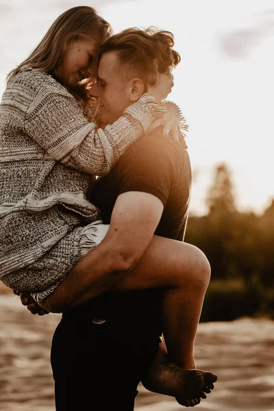 Happy Couple Love Spend Good Time Beach Enjoy Each Other — Stock Photo, Image