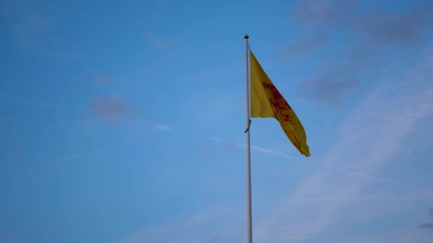 Wallonië vlag met de rode haan zwaaien op wind in het langzaam met blauwe lucht — Stockvideo