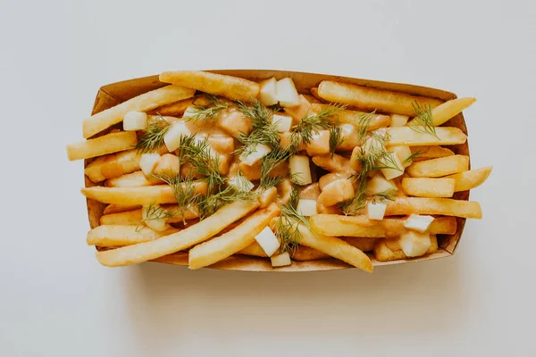 Top View Tasty French Fries Dill Box Grey — Stock Photo, Image