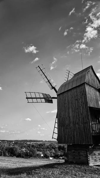 Old Wooden Windmill Village Black White — Stock Photo, Image