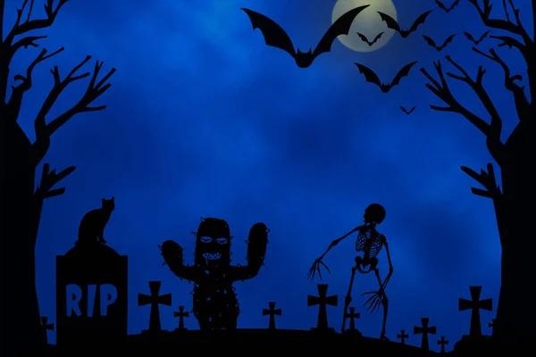 Halloween night with moon, tree, bats, skeleton, ghost on blue background