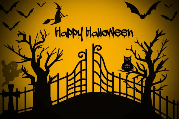 Feliz Noche Halloween Con Bruja Árbol Murciélagos Sobre Fondo Negro —  Fotos de Stock
