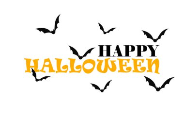 Yarasalar ile beyaz arka plan üzerinde mutlu Halloween siyah ve turuncu metin