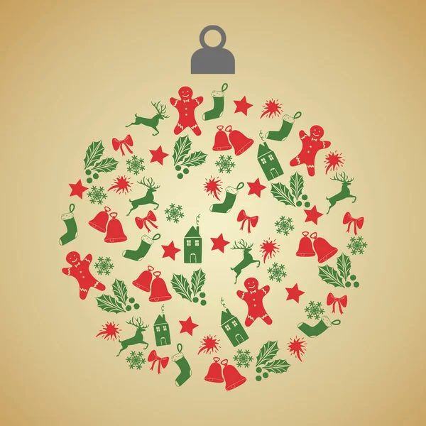 Weihnachtsgrußkarte Mit Weihnachtskugel Mit Grünen Und Roten Kleinen Dekorationssymbolen Auf — Stockfoto