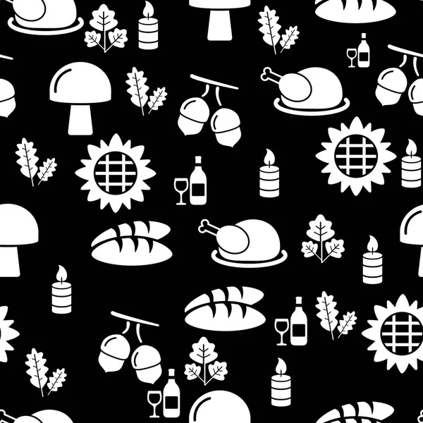 Autumnal Thanksgiving black and white seamless pattern with turkey and bread illustration on black background.