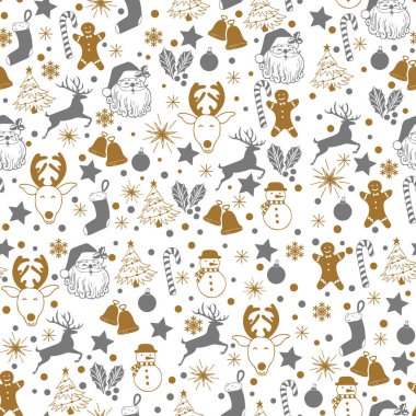 Noel kesintisiz gri ve altın geyik, kardan adam, şeker, çorap, yıldız, kar tanesi tatil simgeler, yeni yıl kutlama öğeleri beyaz zemin üzerine desen. Moda yazdırma, kaydırma için Tasarla.